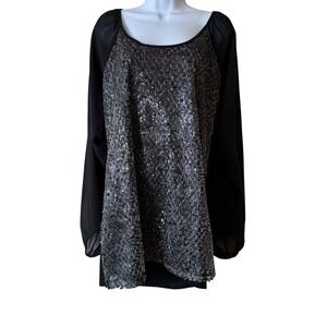 American Glamour Badgley Mischka‎ Sequin Top Blouse Black Sheer Long Sleeves XL